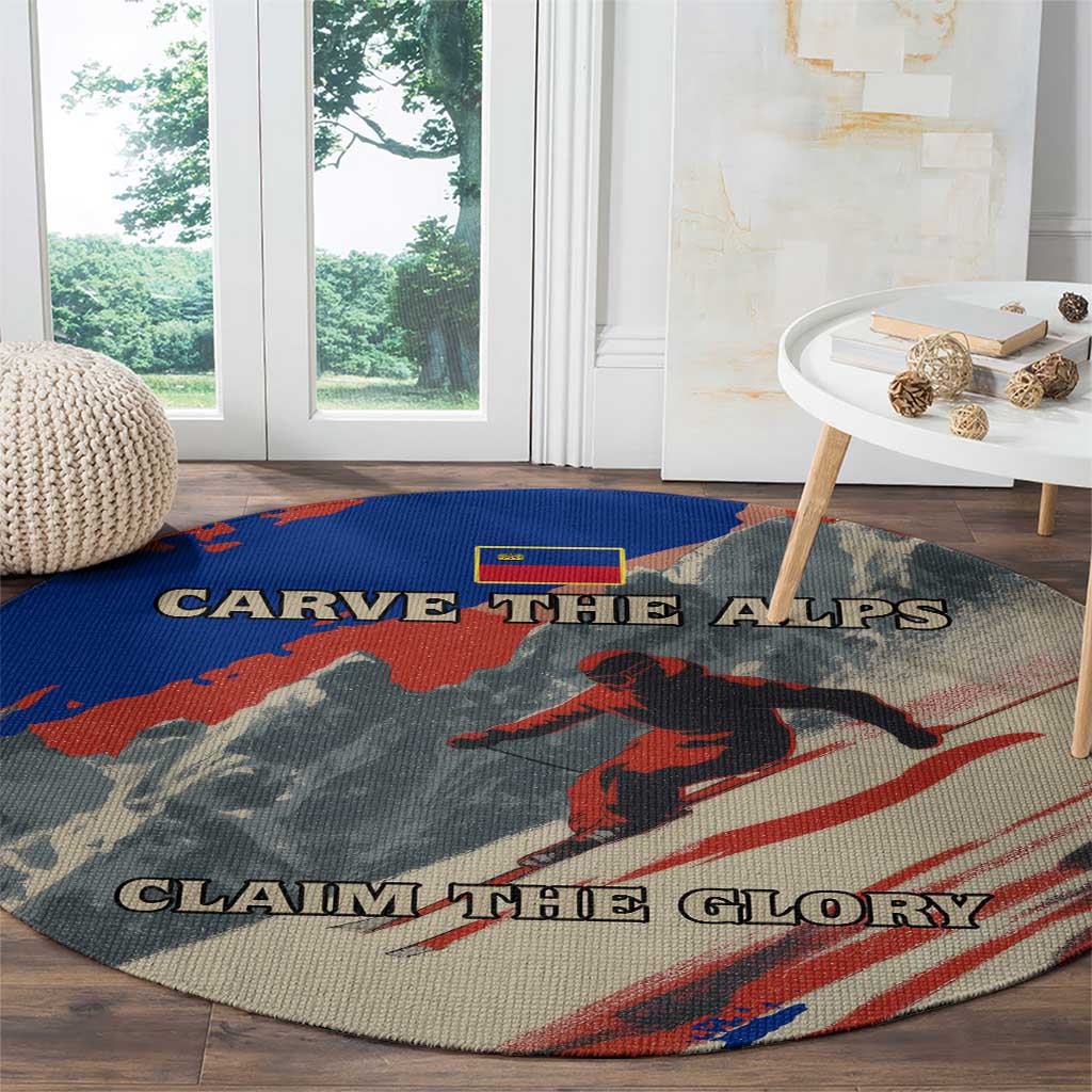 Liechtenstein Round Carpet with Alpine Skiing Red Blue Design and Mountain Landscape - Wonder Print Shop