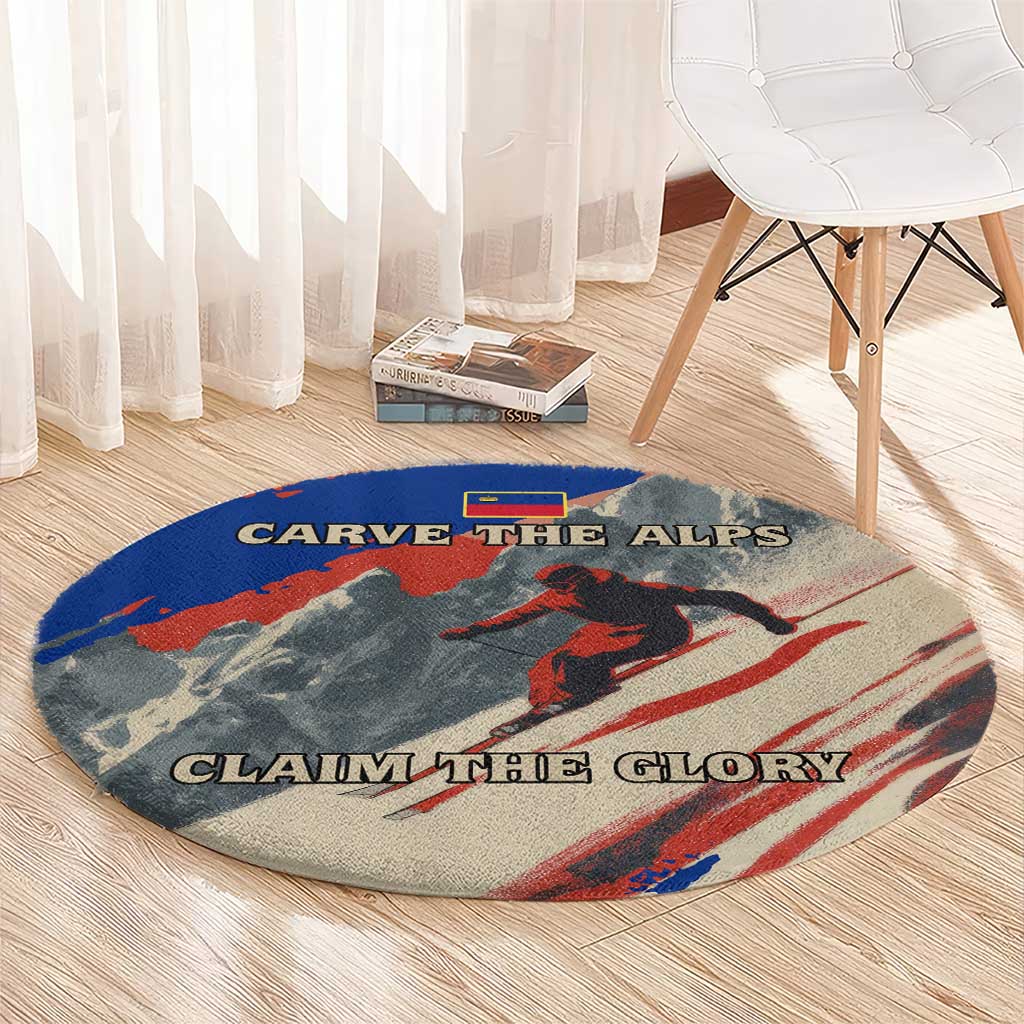 Liechtenstein Round Carpet with Alpine Skiing Red Blue Design and Mountain Landscape - Wonder Print Shop