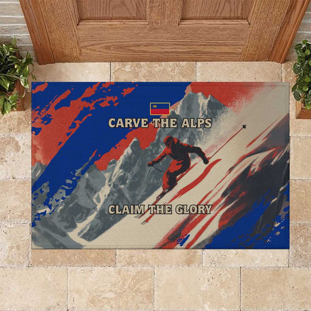 Liechtenstein Rubber Doormat with Alpine Skiing Red Blue Design and Mountain Landscape - Wonder Print Shop