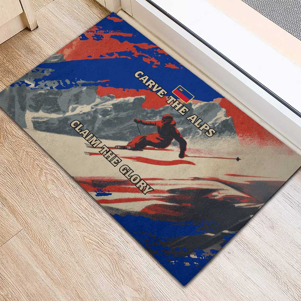 Liechtenstein Rubber Doormat with Alpine Skiing Red Blue Design and Mountain Landscape - Wonder Print Shop