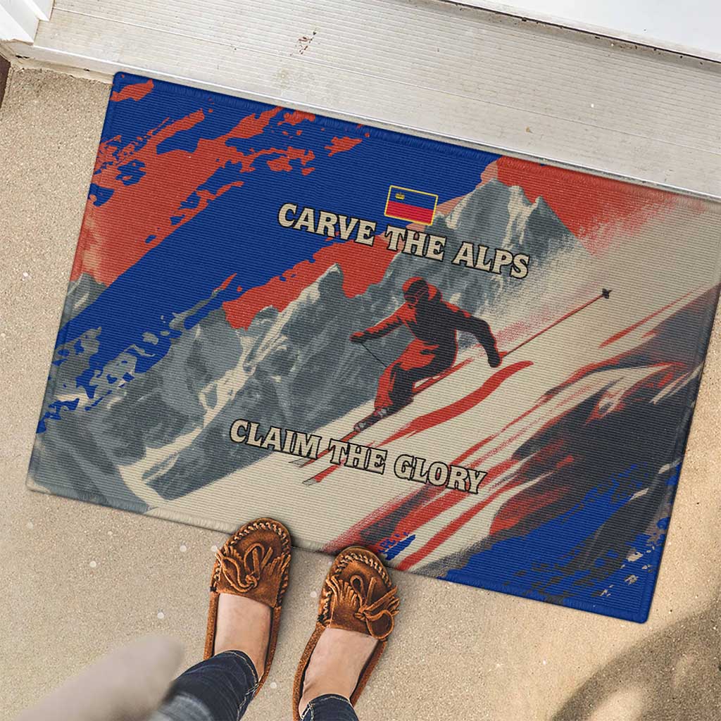Liechtenstein Rubber Doormat with Alpine Skiing Red Blue Design and Mountain Landscape - Wonder Print Shop