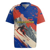Liechtenstein Rugby Jersey with Alpine Skiing Red Blue Design and Mountain Landscape - Wonder Print Shop