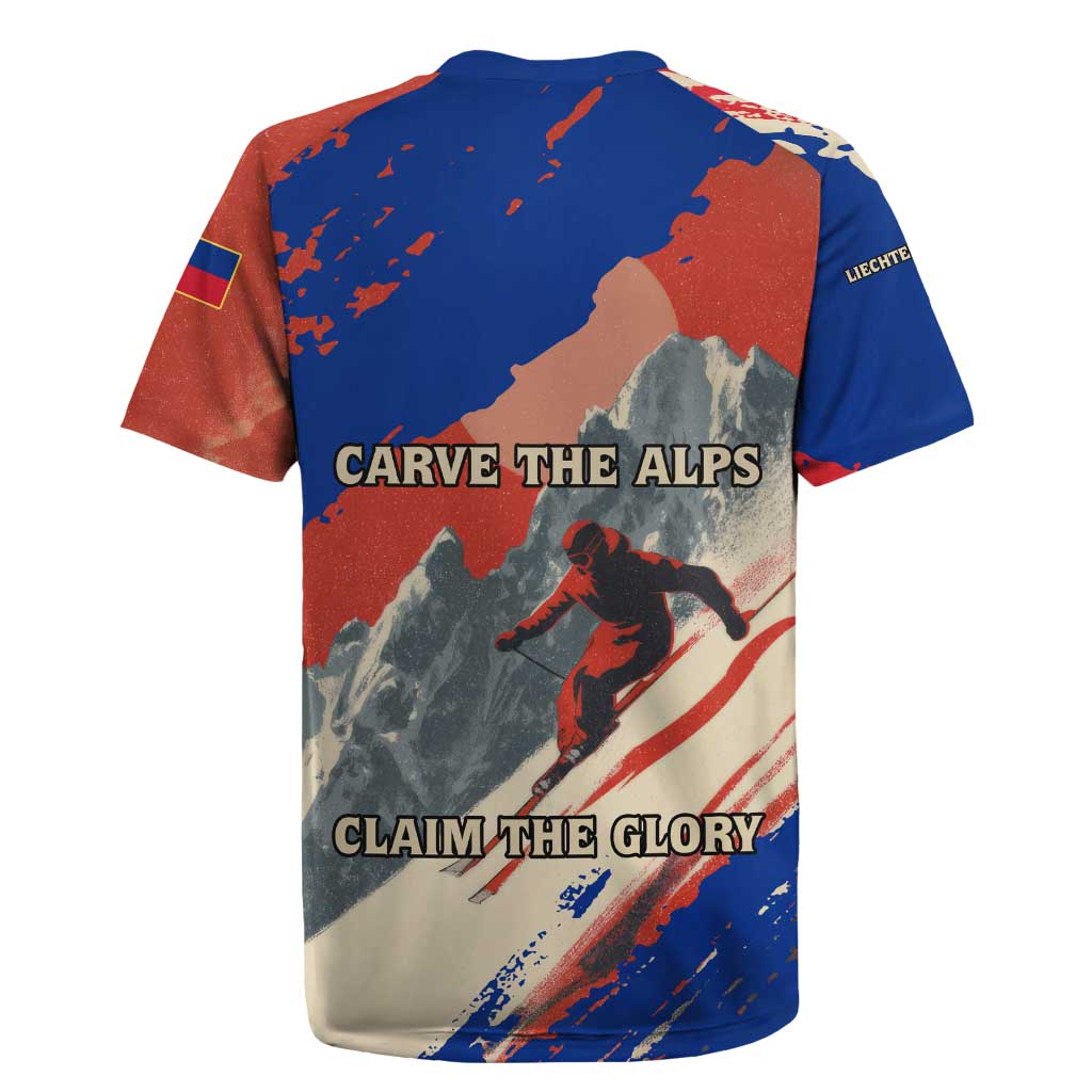 Liechtenstein Rugby Jersey with Alpine Skiing Red Blue Design and Mountain Landscape - Wonder Print Shop