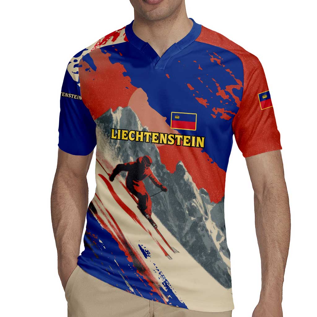 Liechtenstein Rugby Jersey with Alpine Skiing Red Blue Design and Mountain Landscape - Wonder Print Shop