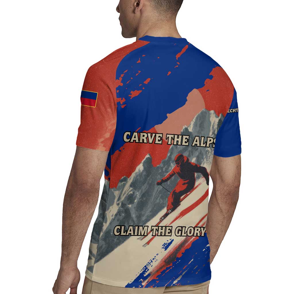 Liechtenstein Rugby Jersey with Alpine Skiing Red Blue Design and Mountain Landscape - Wonder Print Shop