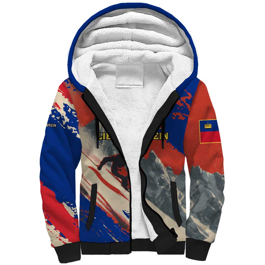 Liechtenstein Sherpa Hoodie with Alpine Skiing Red Blue Design and Mountain Landscape - Wonder Print Shop
