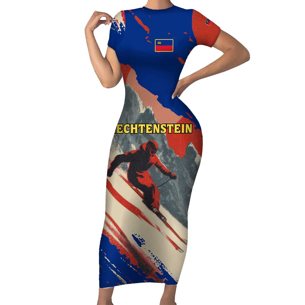 Liechtenstein Short Sleeve Bodycon Dress with Alpine Skiing Red Blue Design and Mountain Landscape - Wonder Print Shop