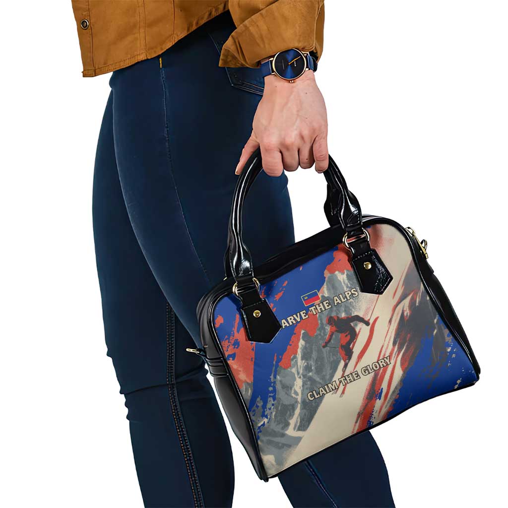 Liechtenstein Shoulder Handbag with Alpine Skiing Red Blue Design and Mountain Landscape - Wonder Print Shop