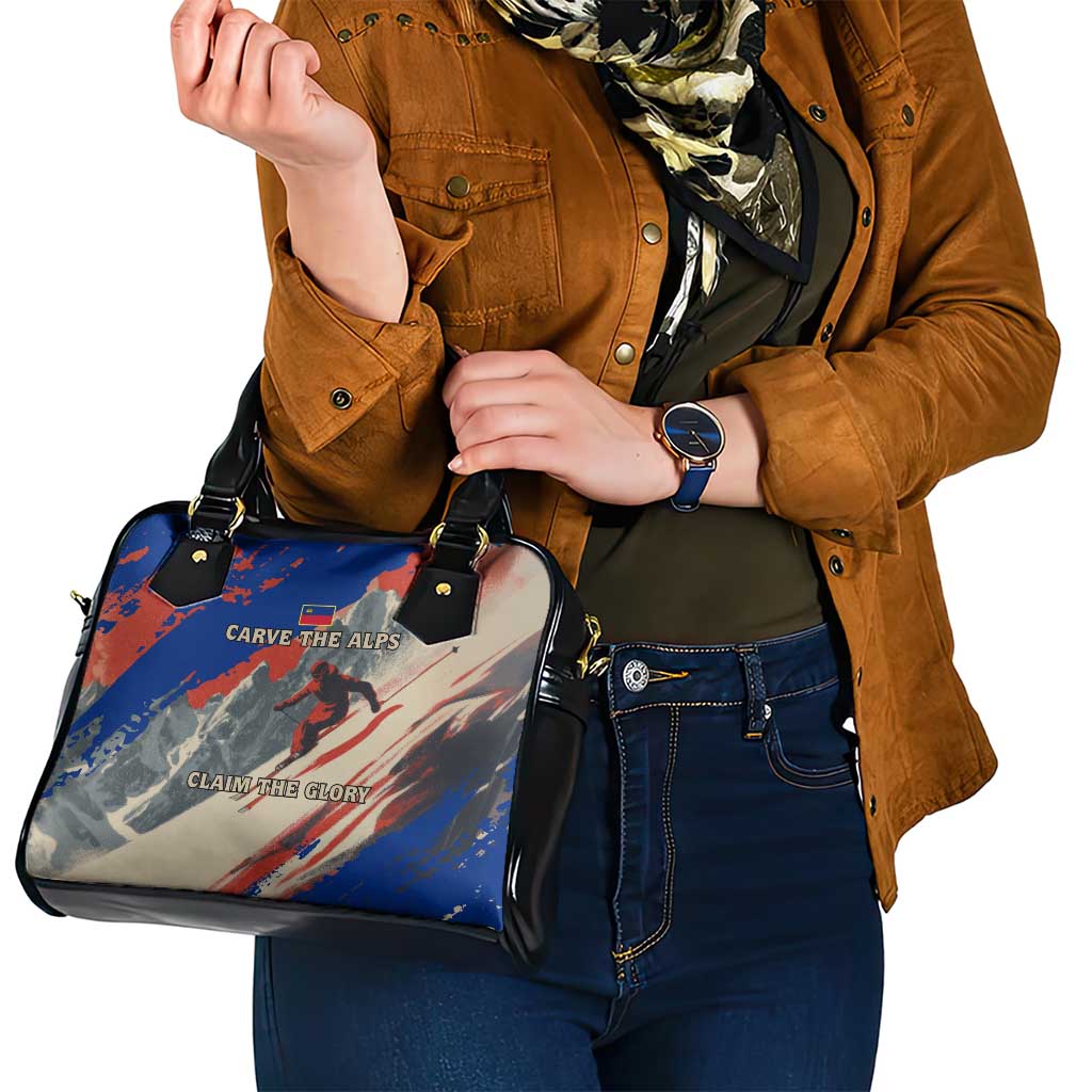 Liechtenstein Shoulder Handbag with Alpine Skiing Red Blue Design and Mountain Landscape - Wonder Print Shop