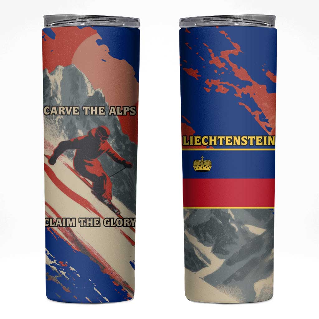 Liechtenstein Skinny Tumbler with Alpine Skiing Red Blue Design and Mountain Landscape - Wonder Print Shop