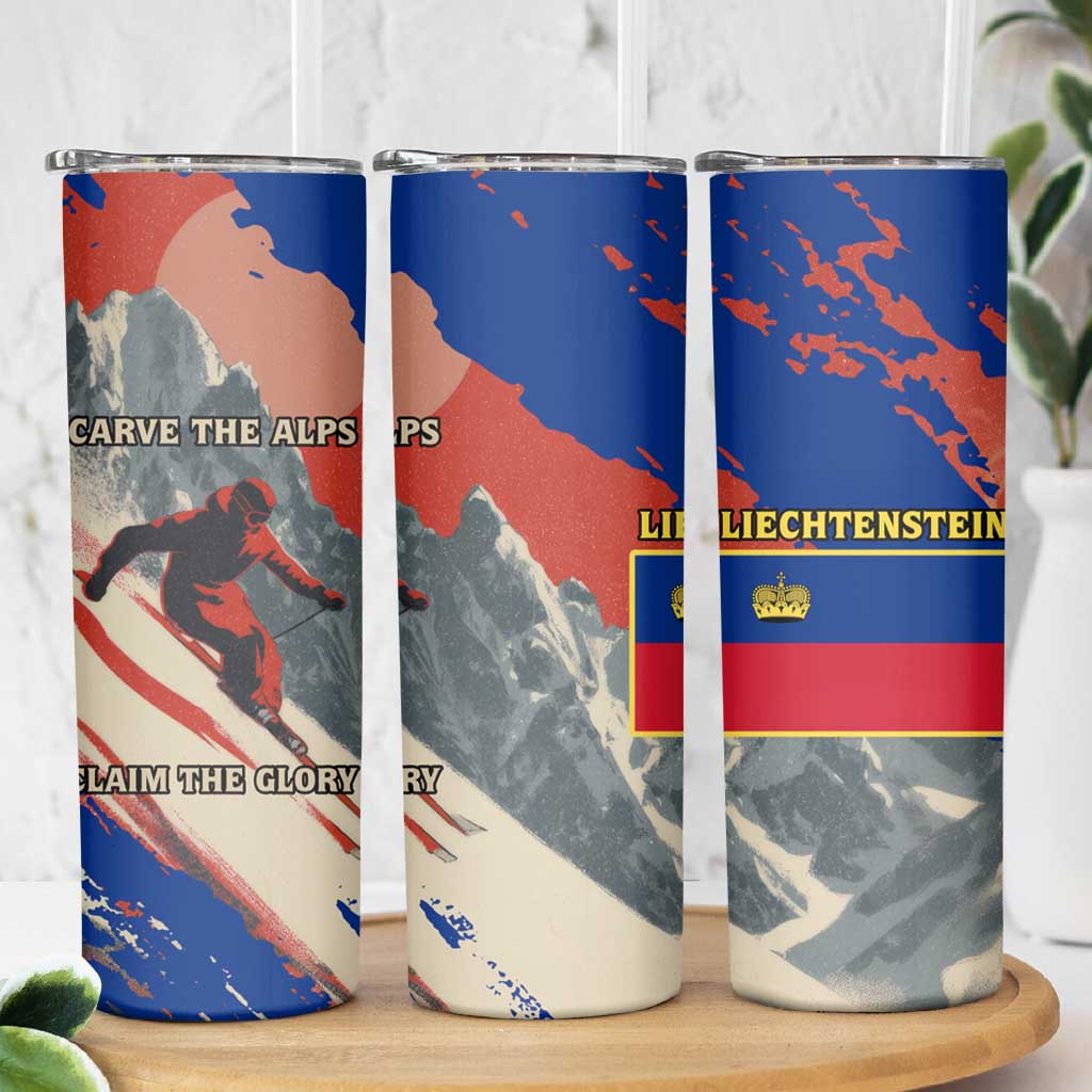 Liechtenstein Skinny Tumbler with Alpine Skiing Red Blue Design and Mountain Landscape - Wonder Print Shop