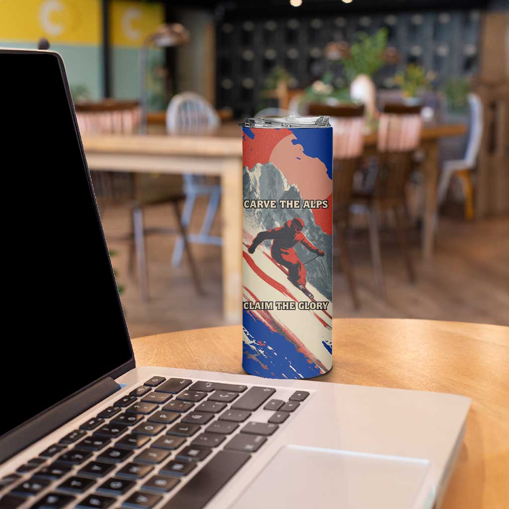 Liechtenstein Skinny Tumbler with Alpine Skiing Red Blue Design and Mountain Landscape - Wonder Print Shop