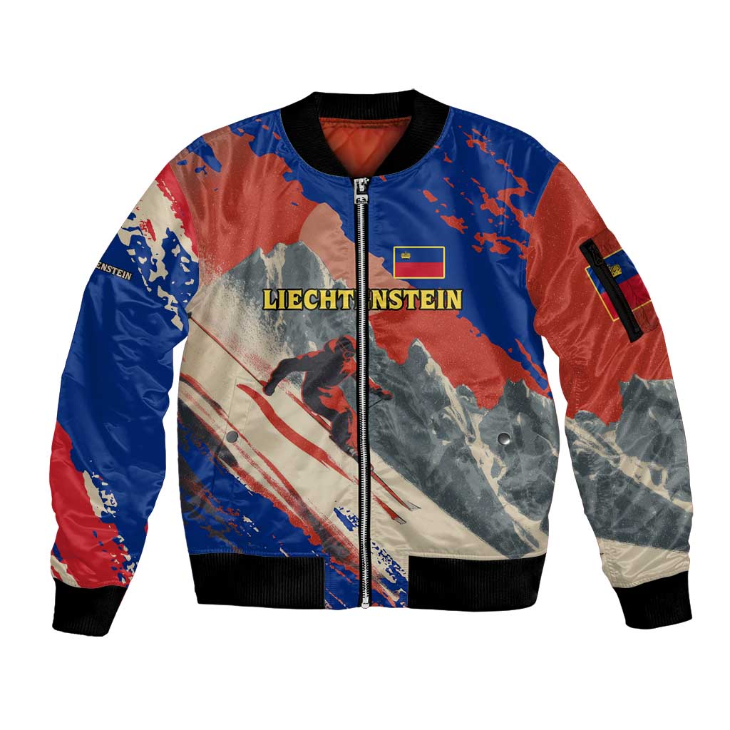 Liechtenstein Sleeve Zip Bomber Jacket with Alpine Skiing Red Blue Design and Mountain Landscape - Wonder Print Shop