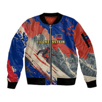 Liechtenstein Sleeve Zip Bomber Jacket with Alpine Skiing Red Blue Design and Mountain Landscape - Wonder Print Shop