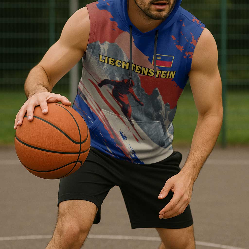 Liechtenstein Sleeveless Hoodie with Alpine Skiing Red Blue Design and Mountain Landscape - Wonder Print Shop