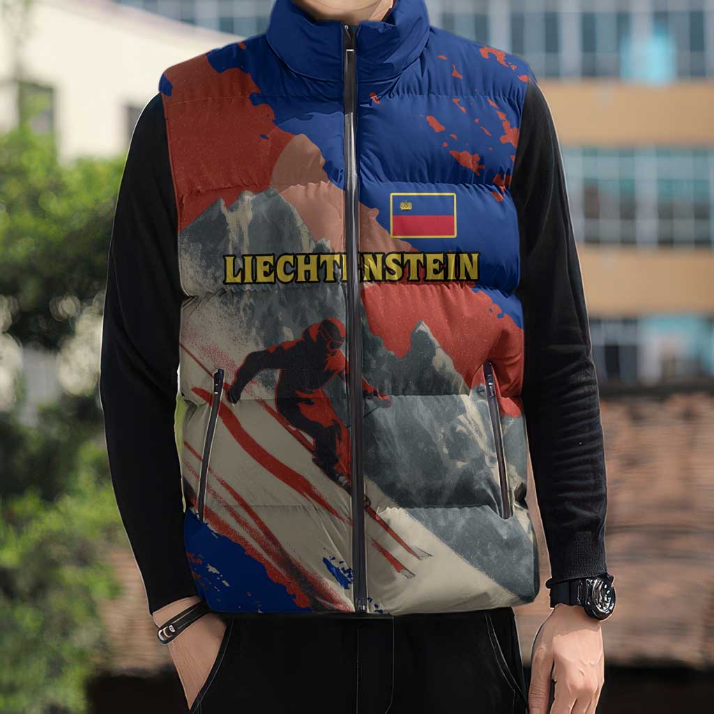 Liechtenstein Sleeveless Puffer Jacket with Alpine Skiing Red Blue Design and Mountain Landscape - Wonder Print Shop