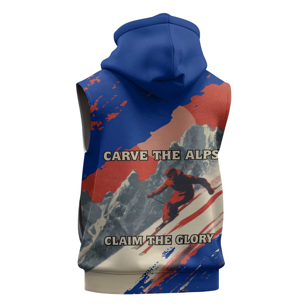 Liechtenstein Sleeveless Zip Hoodie with Alpine Skiing Red Blue Design and Mountain Landscape - Wonder Print Shop