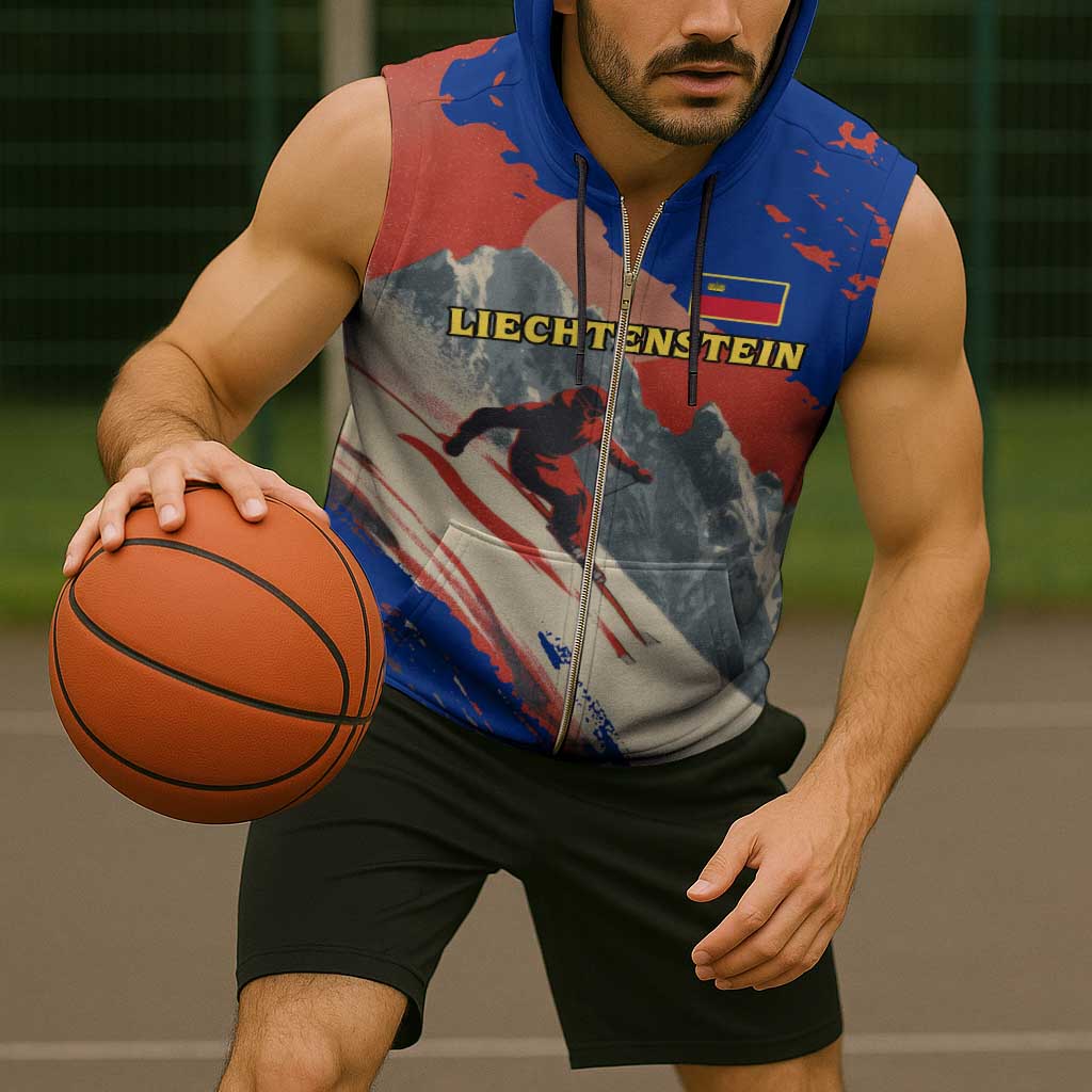 Liechtenstein Sleeveless Zip Hoodie with Alpine Skiing Red Blue Design and Mountain Landscape - Wonder Print Shop