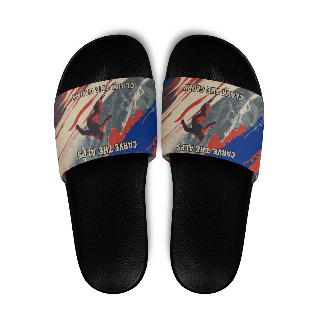 Liechtenstein Slide Sandals with Alpine Skiing Red Blue Design and Mountain Landscape - Wonder Print Shop