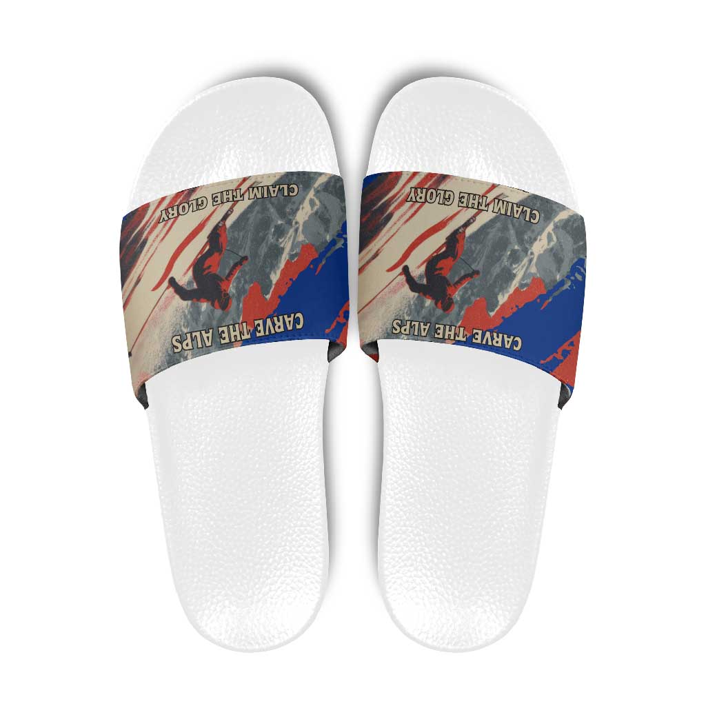 Liechtenstein Slide Sandals with Alpine Skiing Red Blue Design and Mountain Landscape - Wonder Print Shop
