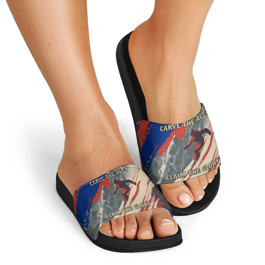 Liechtenstein Slide Sandals with Alpine Skiing Red Blue Design and Mountain Landscape - Wonder Print Shop