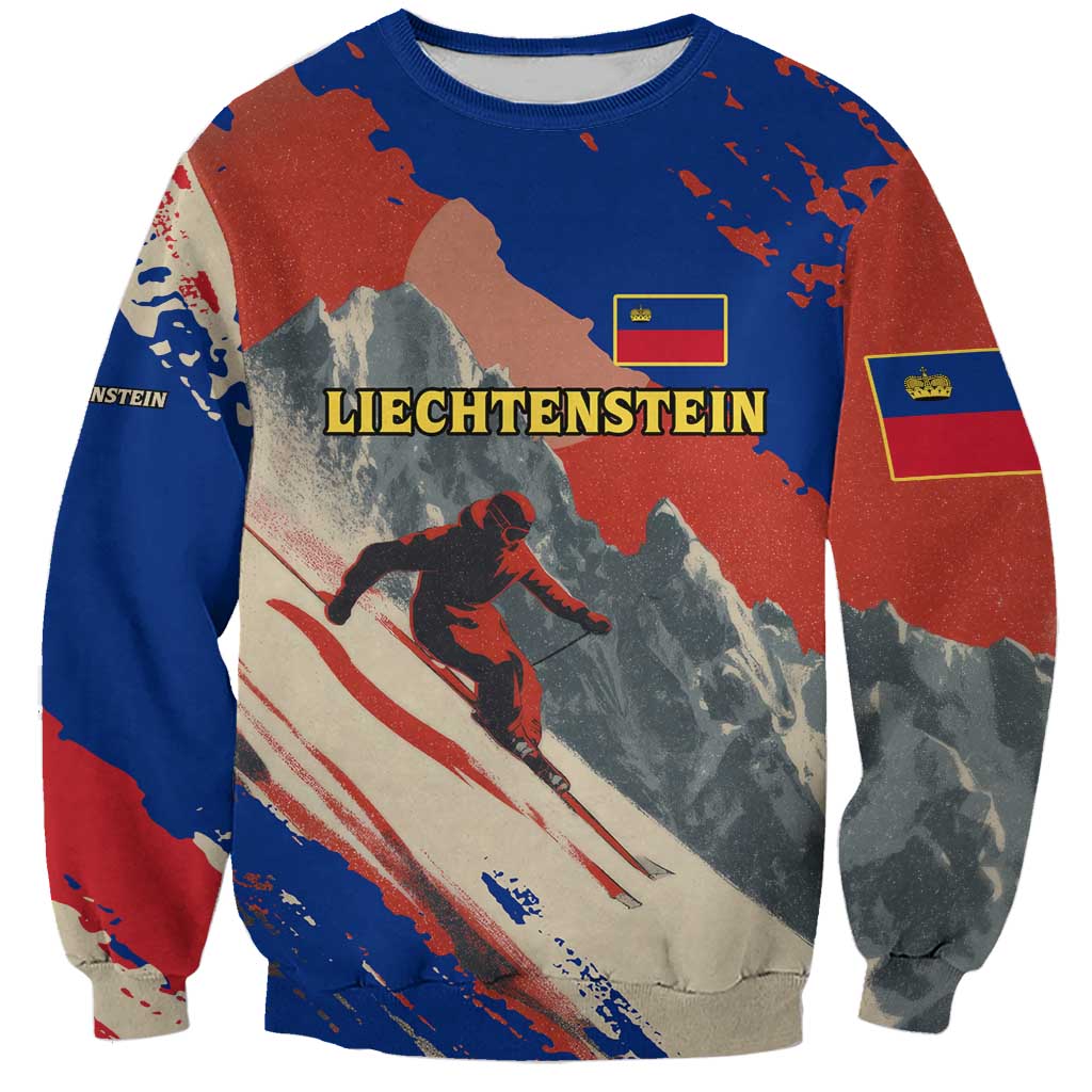 Liechtenstein Sweatshirt with Alpine Skiing Red Blue Design and Mountain Landscape - Wonder Print Shop