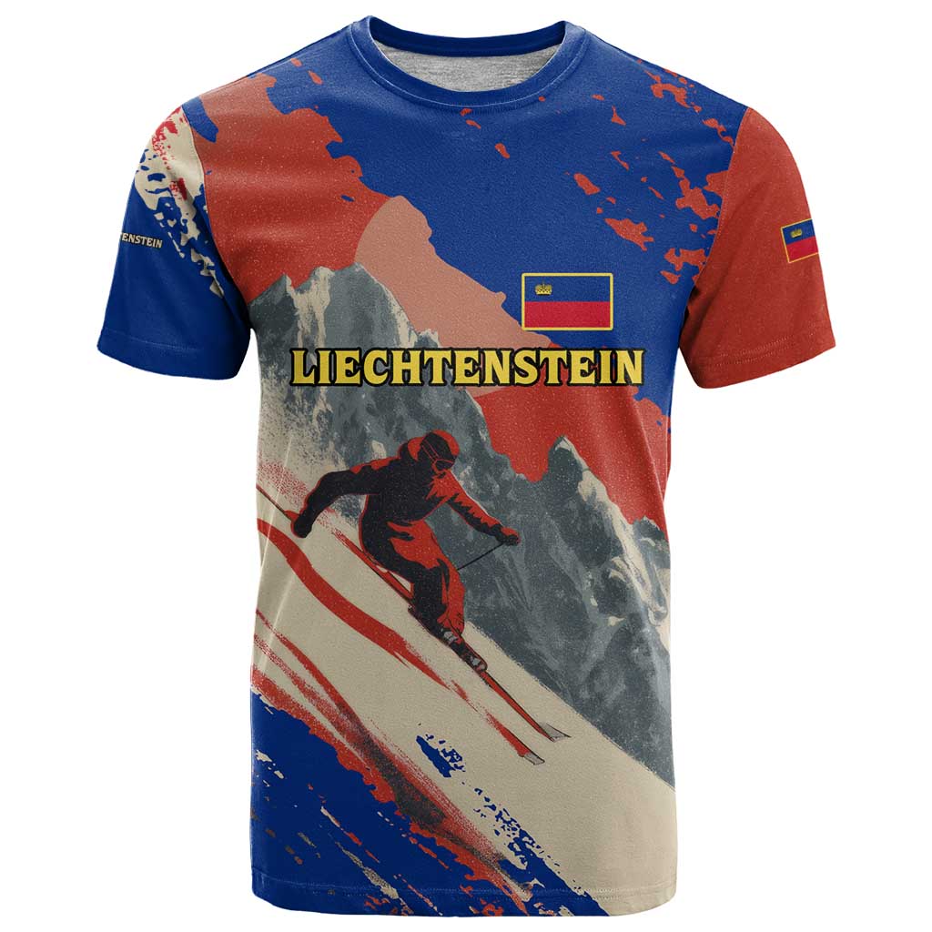 Liechtenstein T Shirt with Alpine Skiing Red Blue Design and Mountain Landscape - Wonder Print Shop