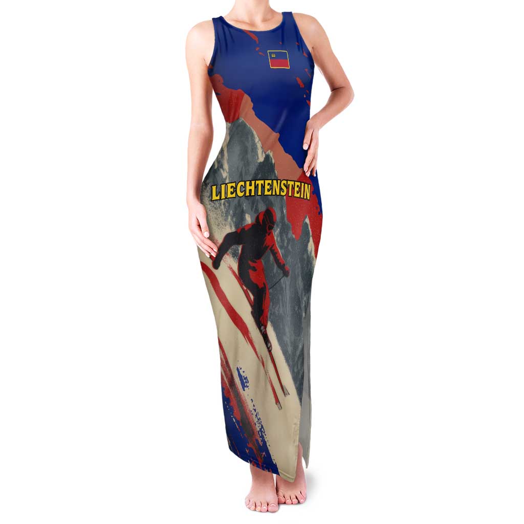 Liechtenstein Tank Maxi Dress with Alpine Skiing Red Blue Design and Mountain Landscape - Wonder Print Shop