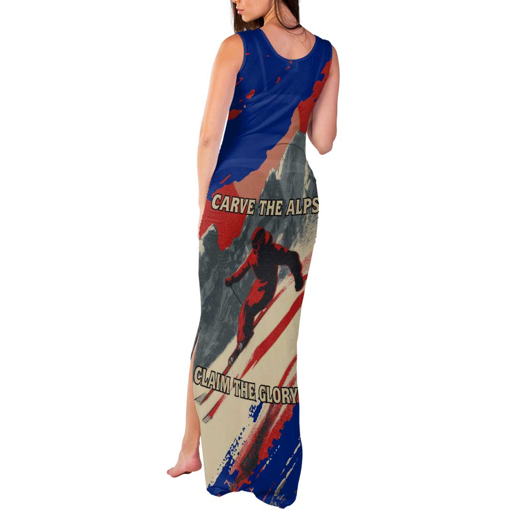 Liechtenstein Tank Maxi Dress with Alpine Skiing Red Blue Design and Mountain Landscape - Wonder Print Shop