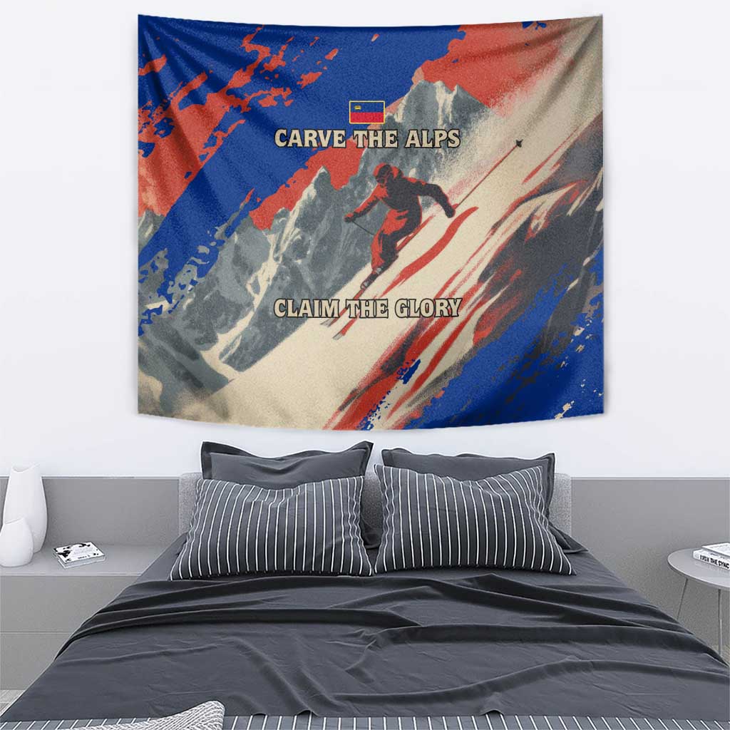 Liechtenstein Tapestry with Alpine Skiing Red Blue Design and Mountain Landscape - Wonder Print Shop