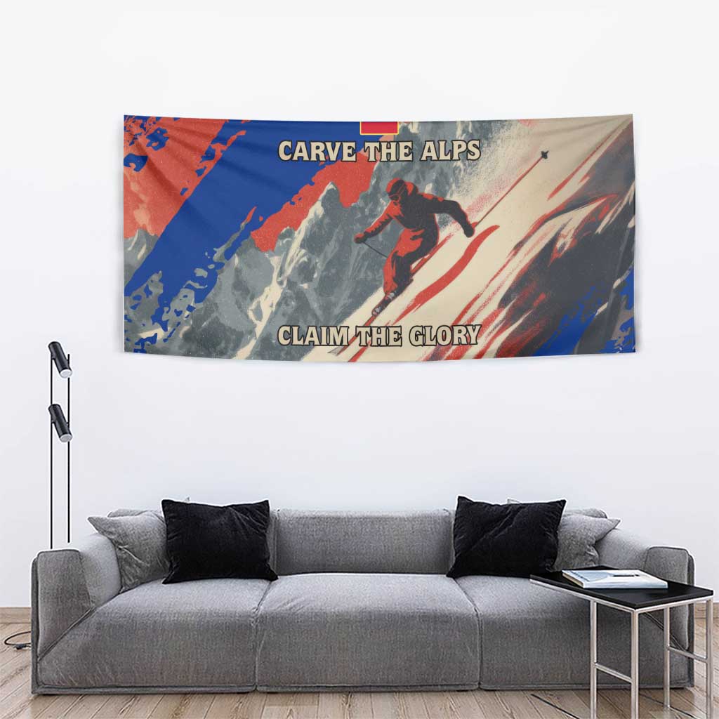 Liechtenstein Tapestry with Alpine Skiing Red Blue Design and Mountain Landscape - Wonder Print Shop