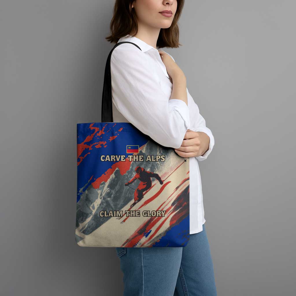 Liechtenstein Tote Bag with Alpine Skiing Red Blue Design and Mountain Landscape - Wonder Print Shop