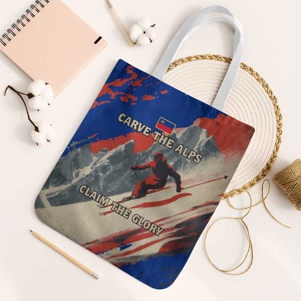 Liechtenstein Tote Bag with Alpine Skiing Red Blue Design and Mountain Landscape - Wonder Print Shop