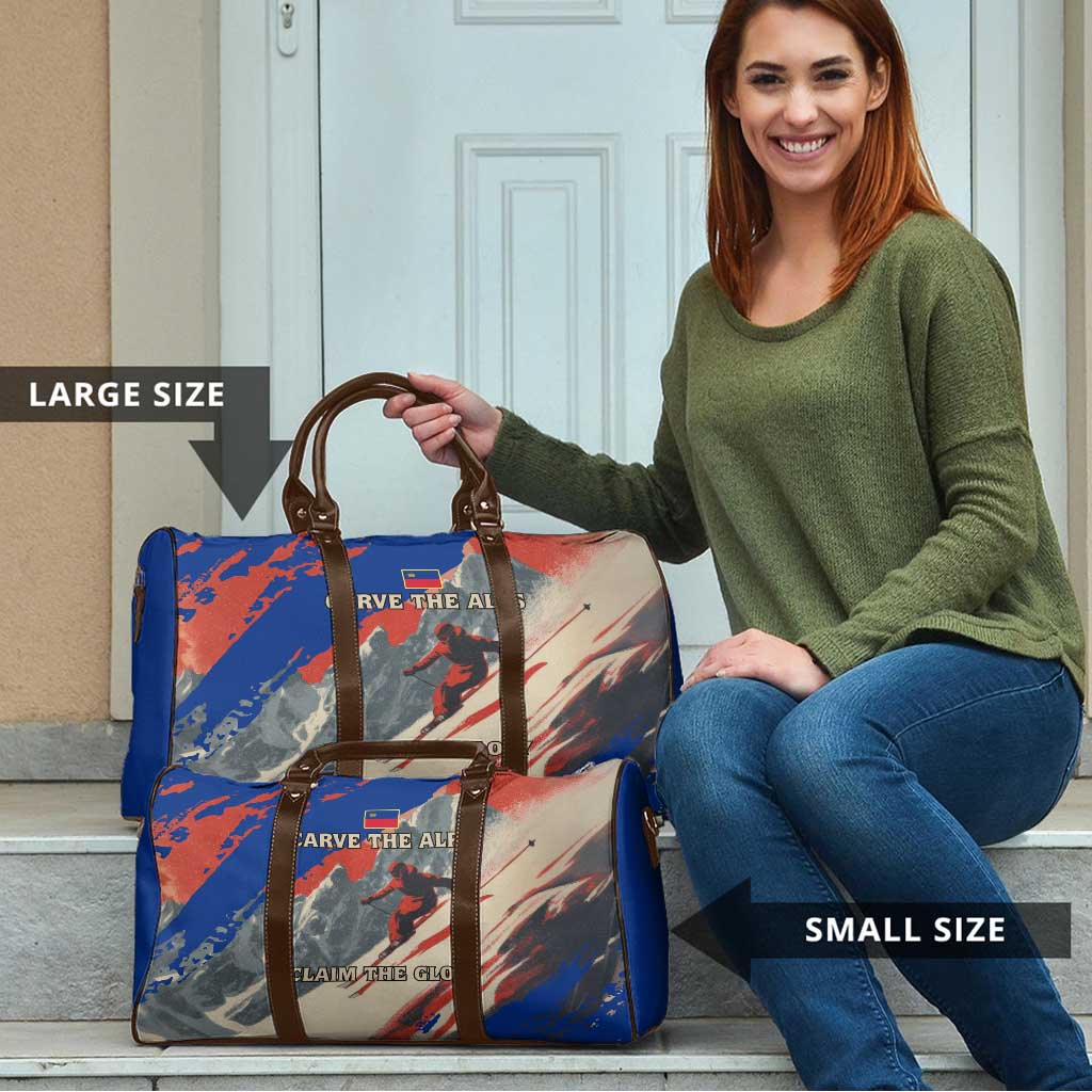 Liechtenstein Travel Bag with Alpine Skiing Red Blue Design and Mountain Landscape - Wonder Print Shop