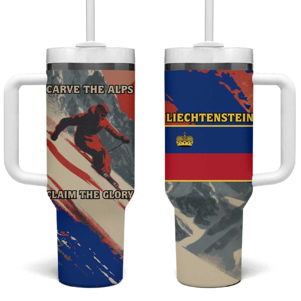 Liechtenstein Tumbler With Handle with Alpine Skiing Red Blue Design and Mountain Landscape - Wonder Print Shop
