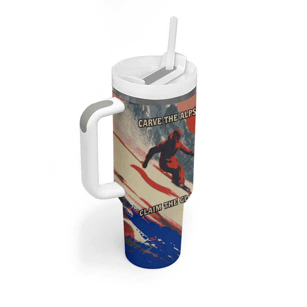 Liechtenstein Tumbler With Handle with Alpine Skiing Red Blue Design and Mountain Landscape - Wonder Print Shop