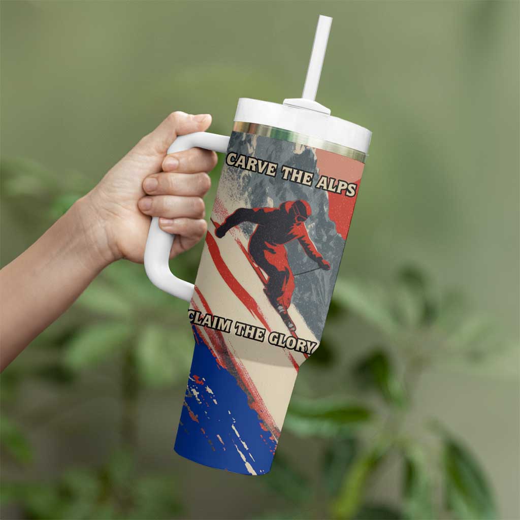 Liechtenstein Tumbler With Handle with Alpine Skiing Red Blue Design and Mountain Landscape - Wonder Print Shop