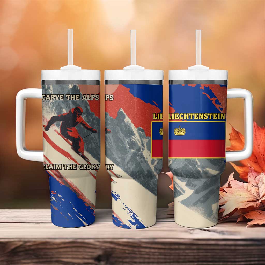 Liechtenstein Tumbler With Handle with Alpine Skiing Red Blue Design and Mountain Landscape - Wonder Print Shop