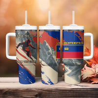 Liechtenstein Tumbler With Handle with Alpine Skiing Red Blue Design and Mountain Landscape - Wonder Print Shop