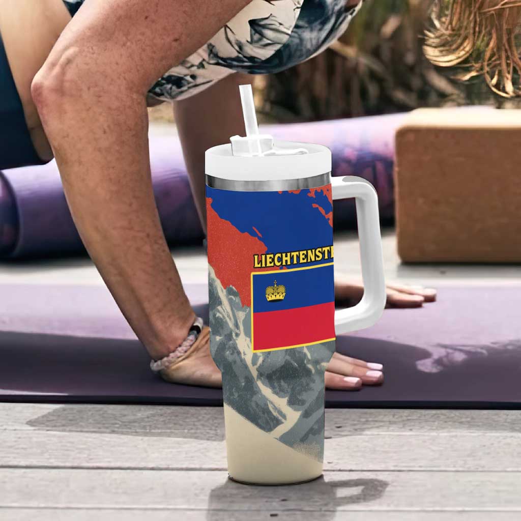 Liechtenstein Tumbler With Handle with Alpine Skiing Red Blue Design and Mountain Landscape - Wonder Print Shop