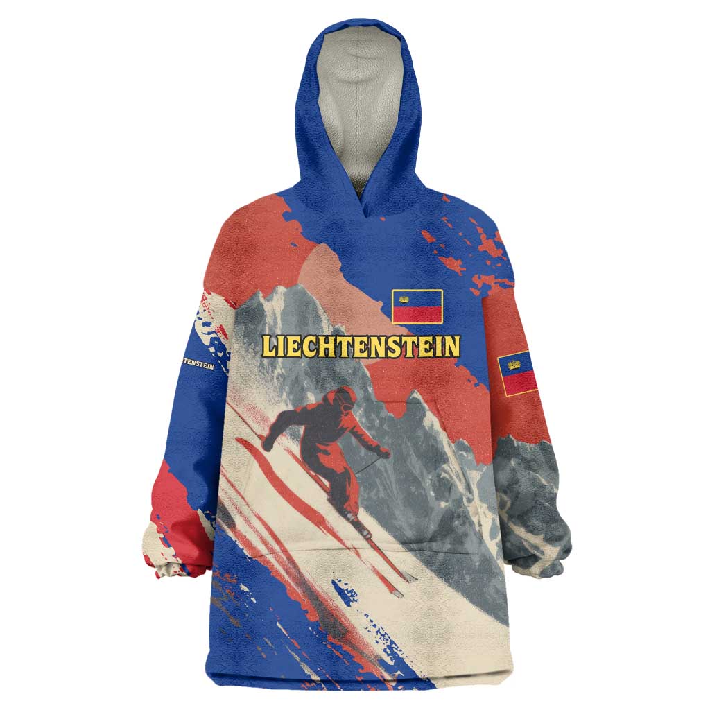 Liechtenstein Wearable Blanket Hoodie with Alpine Skiing Red Blue Design and Mountain Landscape - Wonder Print Shop