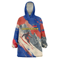 Liechtenstein Wearable Blanket Hoodie with Alpine Skiing Red Blue Design and Mountain Landscape - Wonder Print Shop