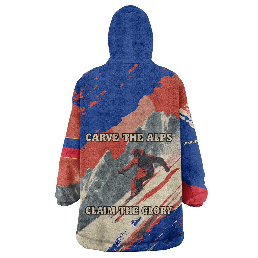 Liechtenstein Wearable Blanket Hoodie with Alpine Skiing Red Blue Design and Mountain Landscape - Wonder Print Shop