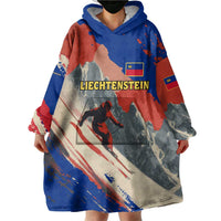 Liechtenstein Wearable Blanket Hoodie with Alpine Skiing Red Blue Design and Mountain Landscape - Wonder Print Shop