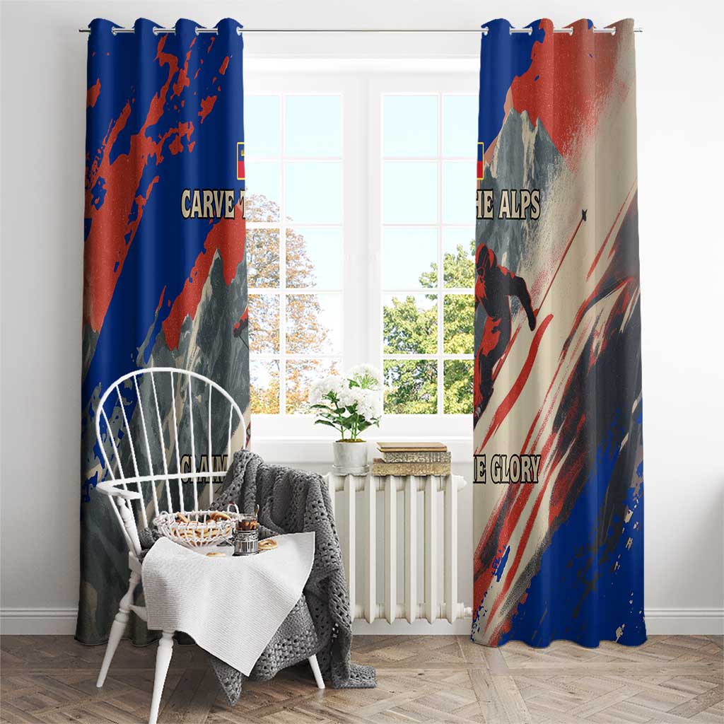 Liechtenstein Window Curtain with Alpine Skiing Red Blue Design and Mountain Landscape - Wonder Print Shop