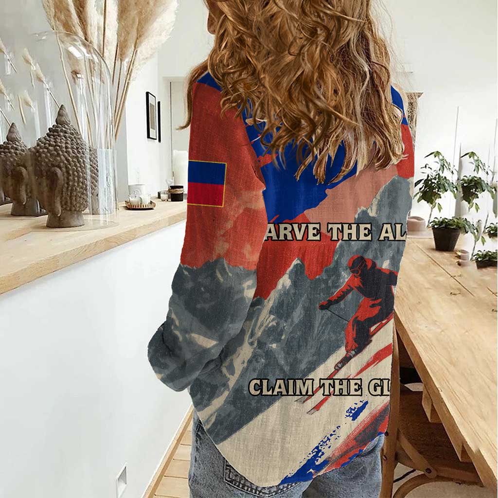 Liechtenstein Women Casual Shirt with Alpine Skiing Red Blue Design and Mountain Landscape - Wonder Print Shop
