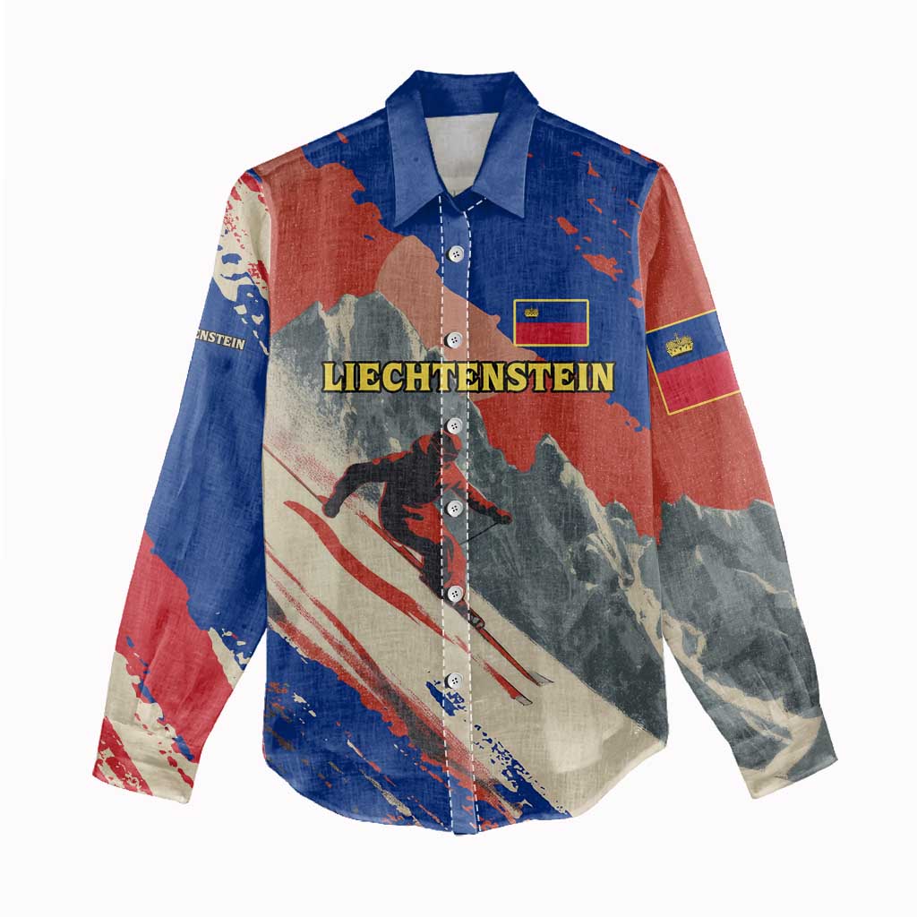 Liechtenstein Women Casual Shirt with Alpine Skiing Red Blue Design and Mountain Landscape - Wonder Print Shop