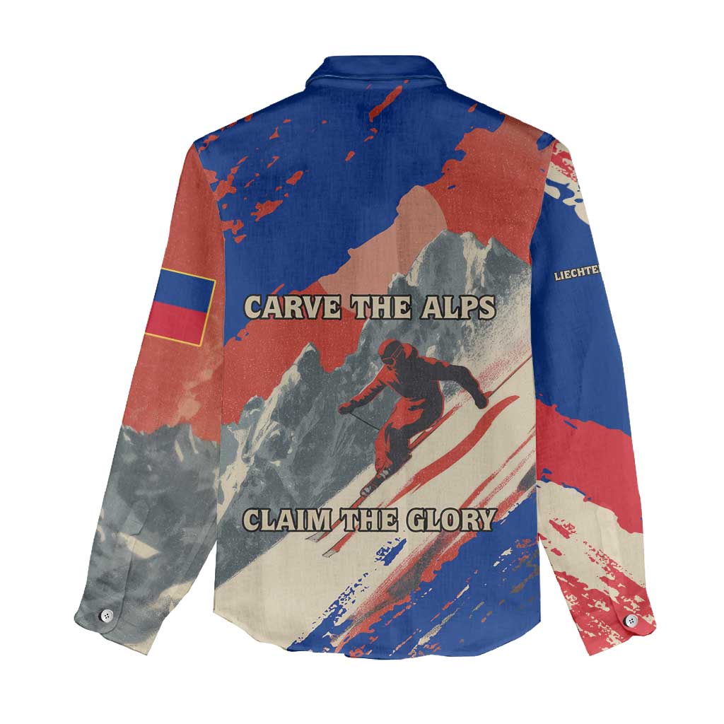 Liechtenstein Women Casual Shirt with Alpine Skiing Red Blue Design and Mountain Landscape - Wonder Print Shop