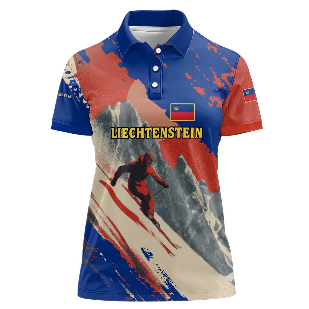Liechtenstein Women Polo Shirt with Alpine Skiing Red Blue Design and Mountain Landscape - Wonder Print Shop