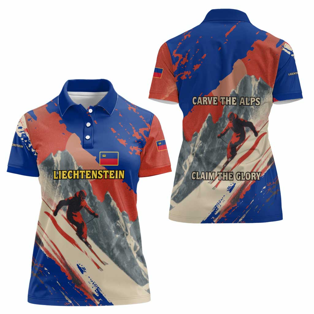 Liechtenstein Women Polo Shirt with Alpine Skiing Red Blue Design and Mountain Landscape - Wonder Print Shop